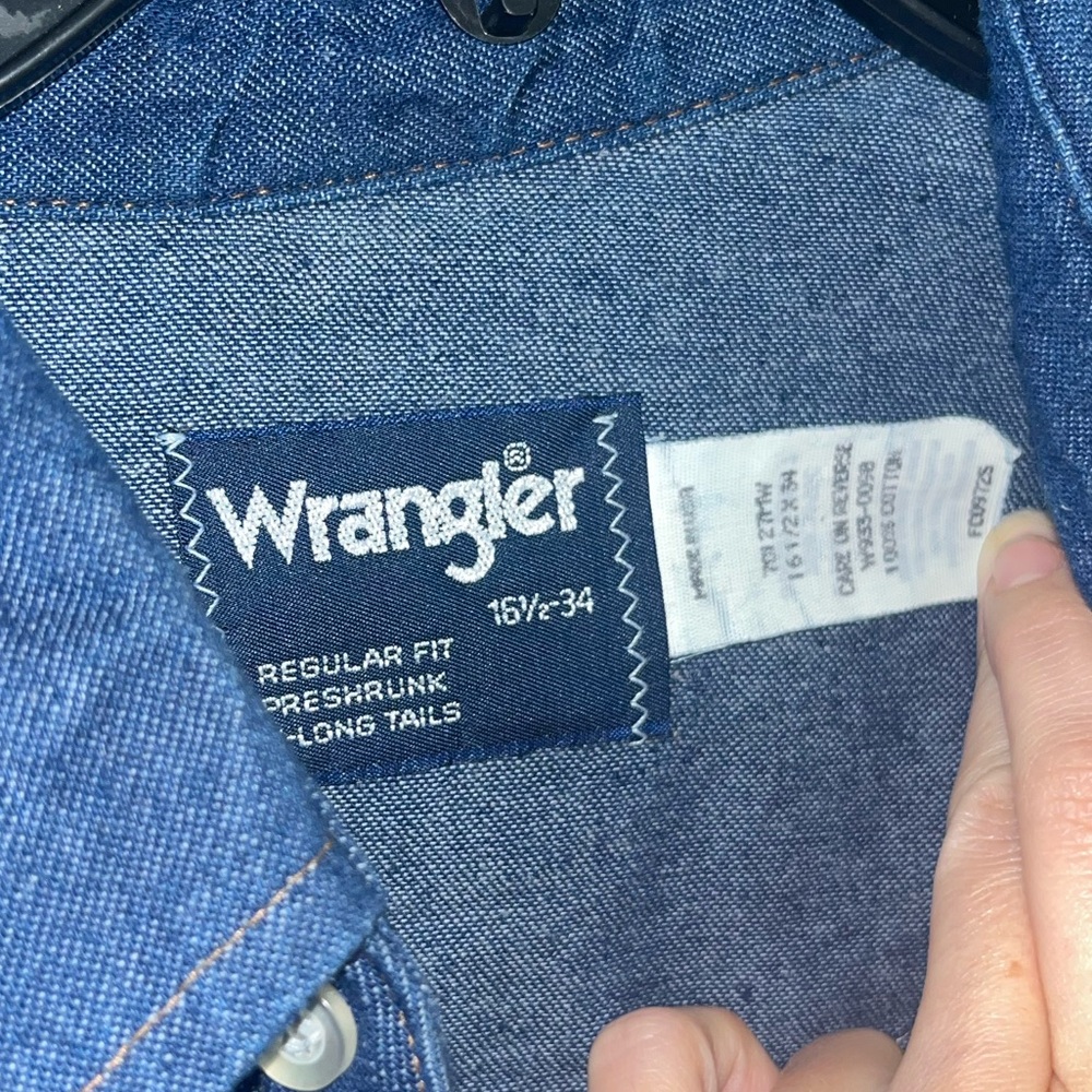 Vintage wrangler classic blue jean pearl snap cowboy cut 16.5/34 western shirt - Picture 3 of 5